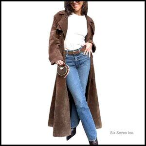 Faux Suede Trench Coat Double Breasted Belted Maxi Overcoat Long Sleeve